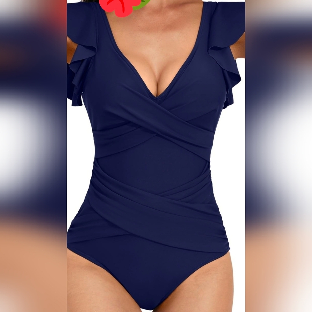 Navy Ruffle Sleeve Swimsuit 2XL